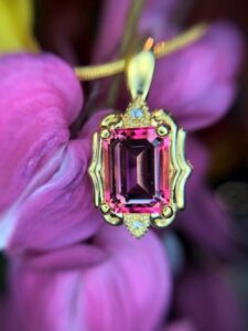 14ky pink topaz and diamond pendant